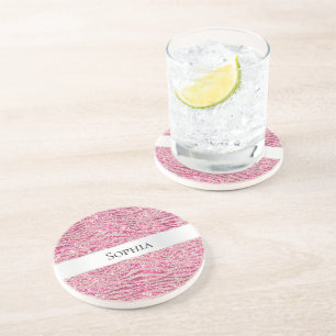 Girly Pink and Blush Glitter Zebra Name Coaster