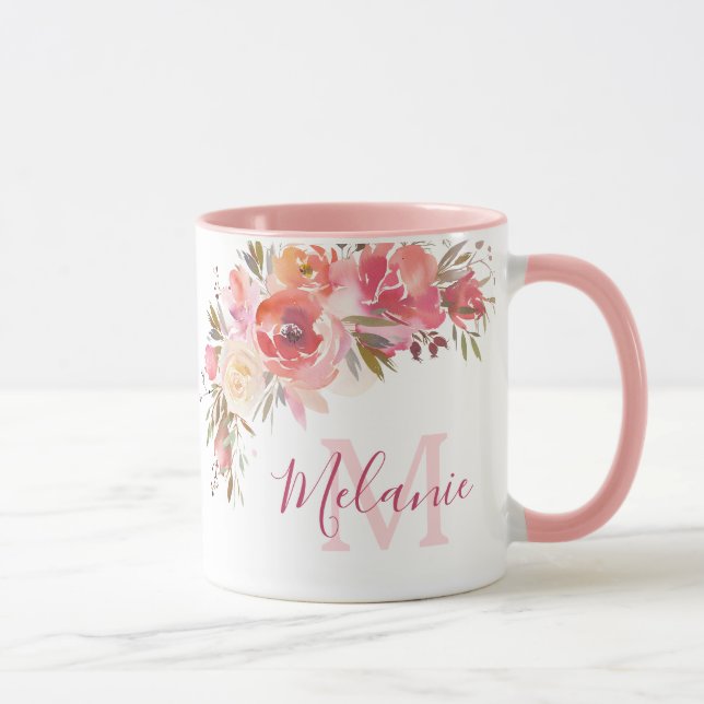 Girly Pink and Coral Roses Name Monogram Mug (Right)