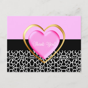 Girly Pink And Gold Heart Thank You Postcard