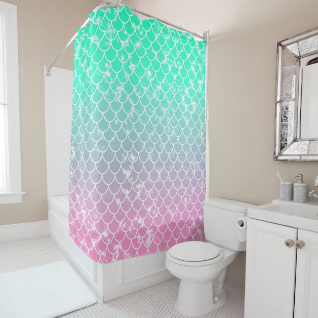 Girly Pink and Green Mermaid Pattern Shower Curtain (In Situ)