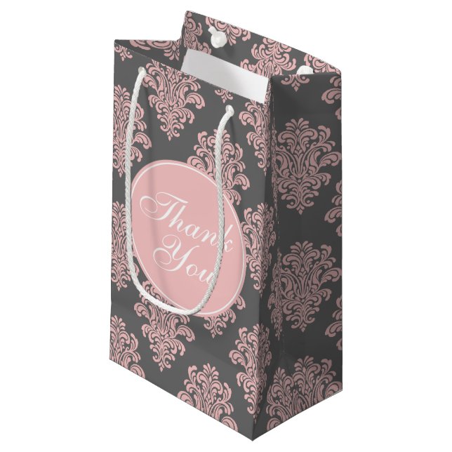 Girly Pink and Grey Damask Thank You Small Gift Bag (Front Angled)