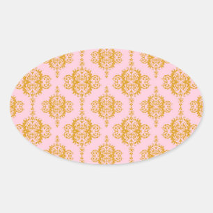 Girly Pink and Orange Damask Pattern Oval Sticker