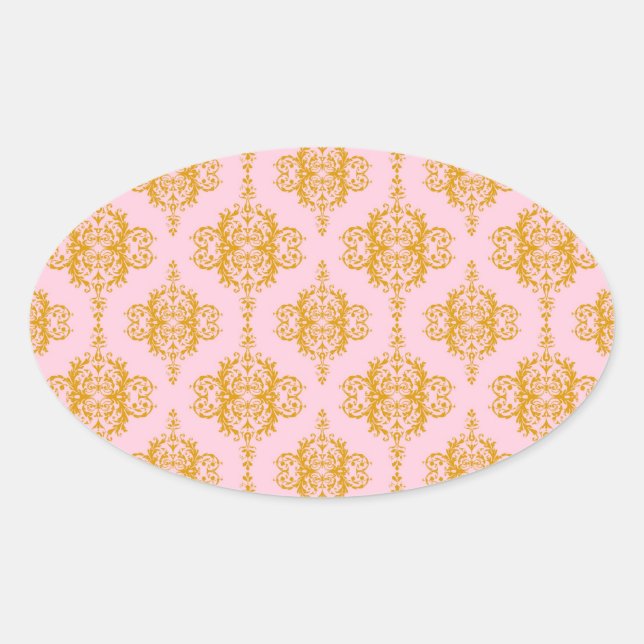 Girly Pink and Orange Damask Pattern Oval Sticker (Front)