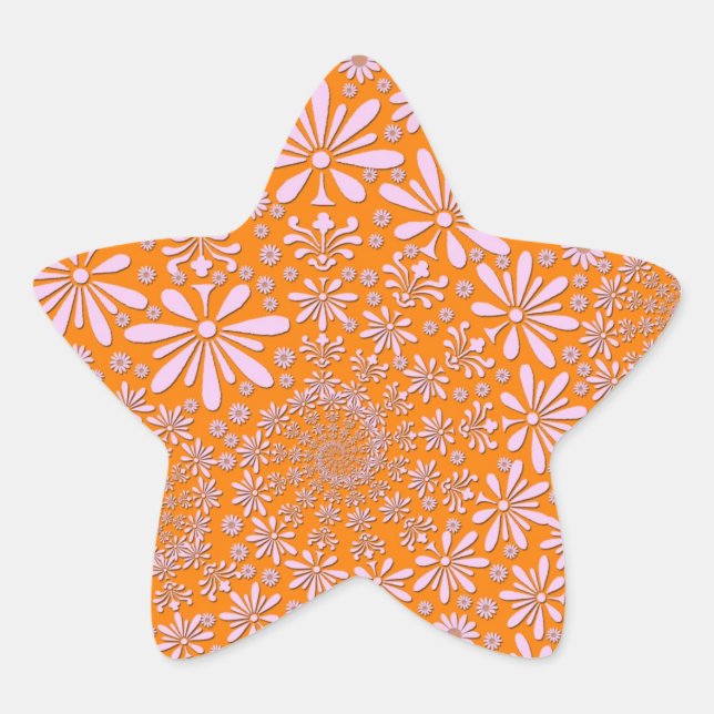 Girly Pink and Orange Floral Pattern Star Sticker (Front)