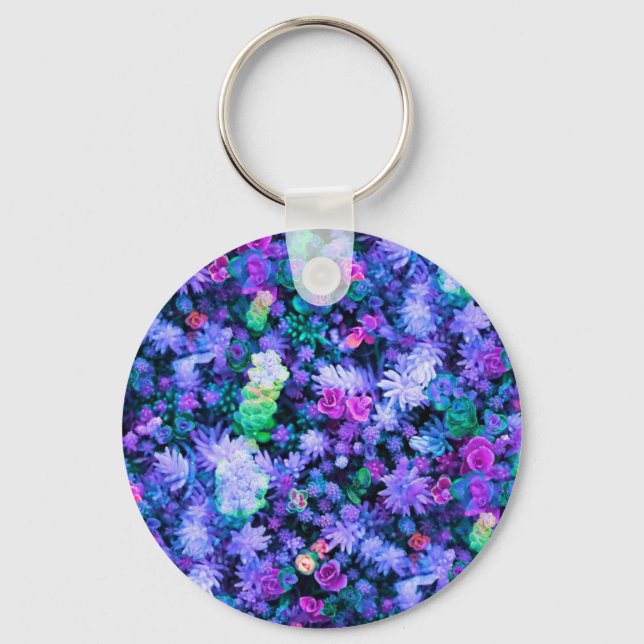 Girly Pink and Purple Floral Succulents Key Ring (Front)
