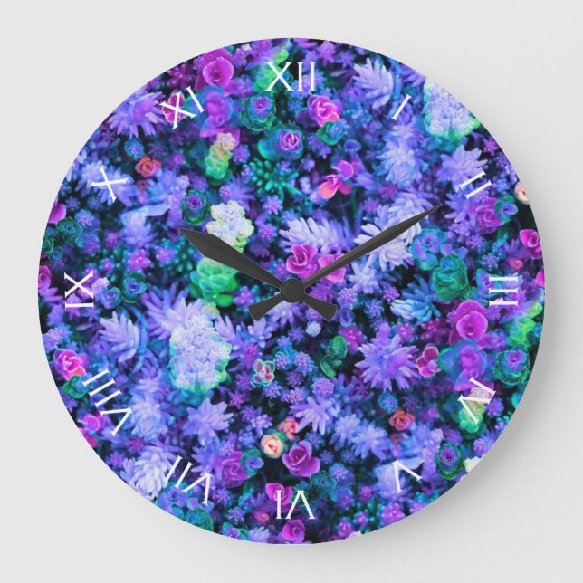 Girly Pink and Purple Floral Succulents Large Clock (Front)