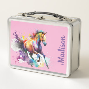 Girly Pink and Purple Running Horse Custom Metal Lunch Box