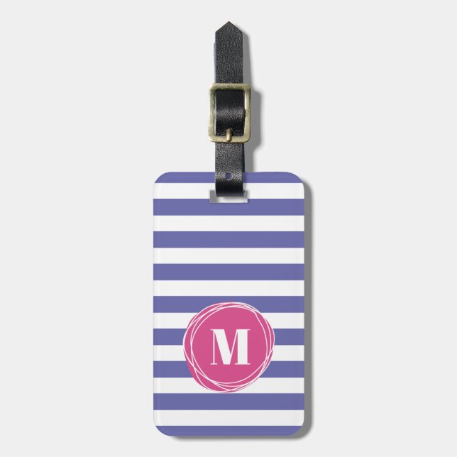 Girly Pink And Purple Stripes Monogram  Luggage Tag (Front Vertical)