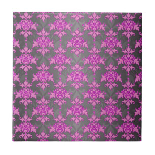 Girly Pink and Silver Grey Damask Tile