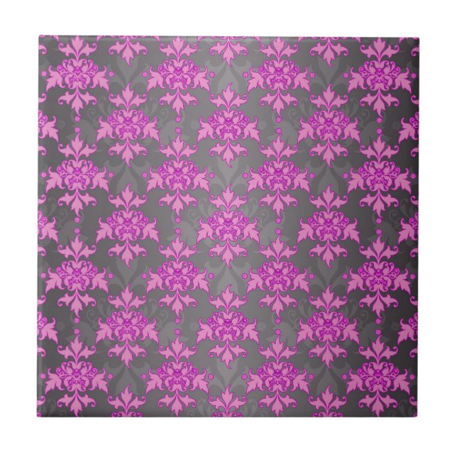 Girly Pink and Silver Grey Damask Tile (Front)