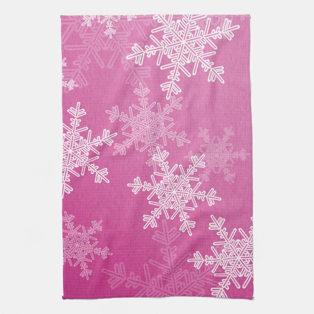 Girly pink and white Christmas snowflakes Tea Towel (Vertical)