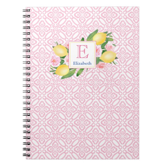 Girly Pink And White Citrus Lemons Monogrammed  Notebook (Front)
