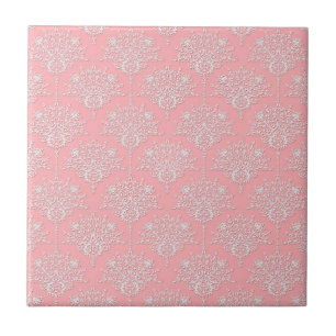 Girly Pink and White Damask Pattern Tile