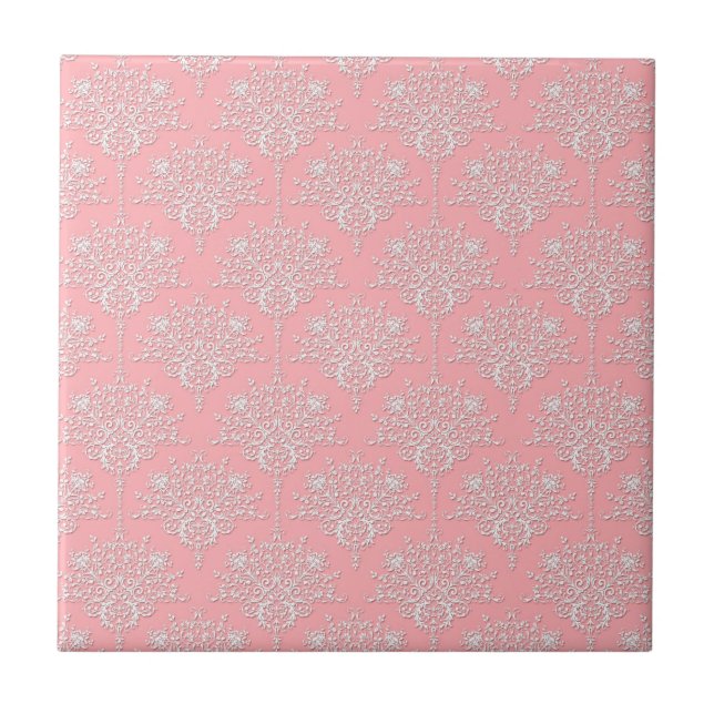Girly Pink and White Damask Pattern Tile (Front)