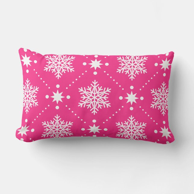 Girly Pink and White Snowflakes Christmas Pattern Lumbar Cushion (Front)
