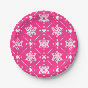 Girly Pink and White Snowflakes Christmas Pattern Paper Plate
