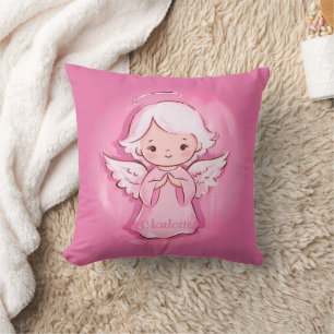 Girly Pink Angel With Name Kids Cushion