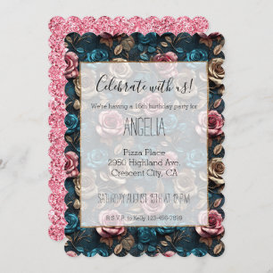 Girly Pink Aqua Champagne Gold Roses Invitation