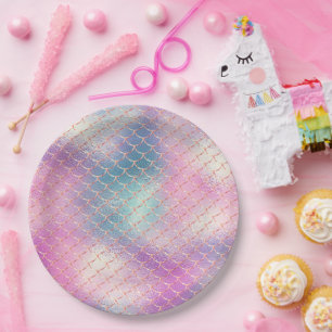 Girly Pink Aqua Gold Mermaid  Paper Plate