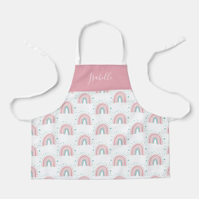 Girly pink aqua rainbow script personalised modern apron (Front)