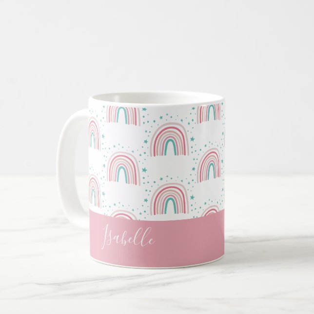 Girly pink aqua rainbow script personalised modern coffee mug (Front Left)