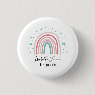 Girly pink aqua rainbow script personalised school 3 cm round badge