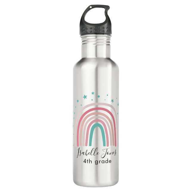 Girly pink aqua rainbow script personalised school 710 ml water bottle (Front)