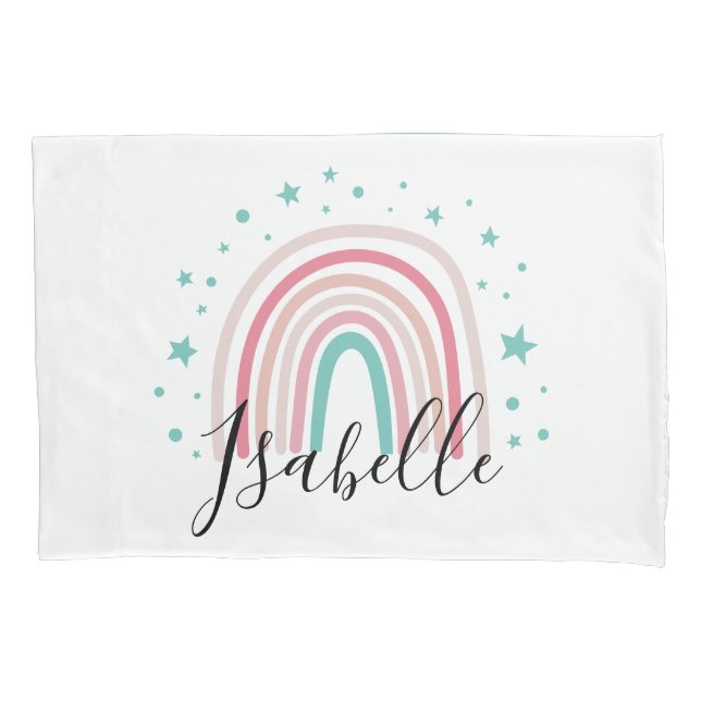Girly pink aqua rainbow script personalized modern pillowcase (Front)