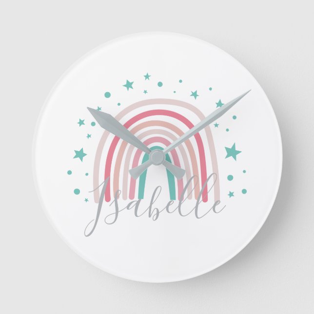 Girly pink aqua rainbow script personalized modern round clock (Front)