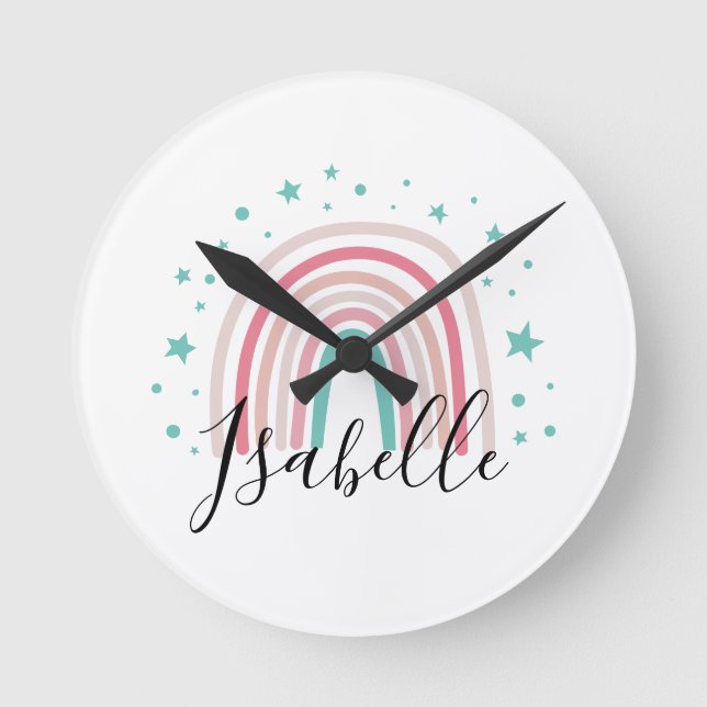 Girly pink aqua rainbow script personalized modern round clock (Front)