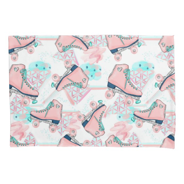 Girly Pink Aqua Roller Skates Personalised Pillowcase (Front)