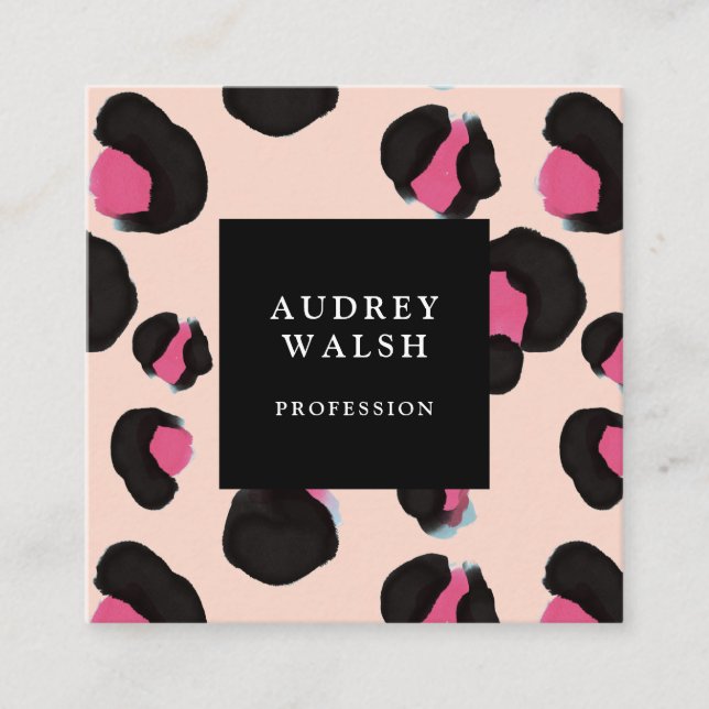 Girly Pink Back Blush Leopard print Square Business Card (Front)