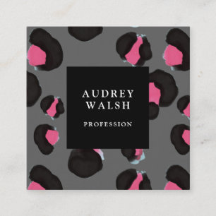 Girly Pink Back Dark Grey Leopard print   Square Business Card