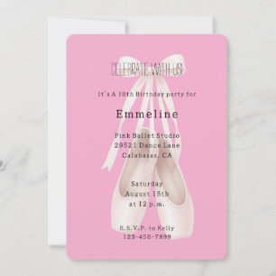 Girly Pink Ballet Shoes Bow Birthday Invitation