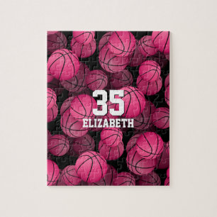 Girly pink basketballs pattern personalised jigsaw puzzle