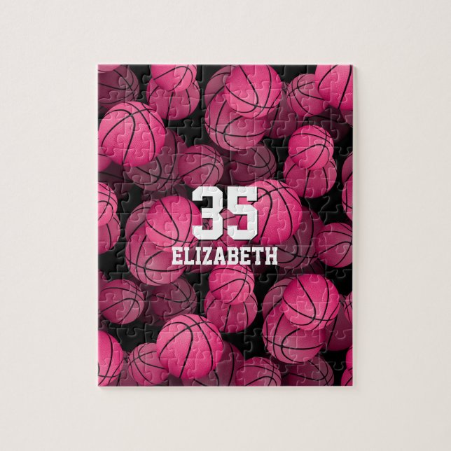 Girly pink basketballs pattern personalised jigsaw puzzle (Vertical)