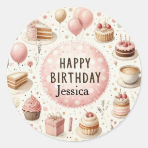 Girly Pink Birthday Card with Cupcakes & Gifts Classic Round Sticker