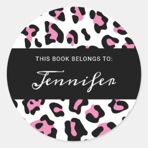 Girly Pink Black and White Leopard Spot Book Classic Round Sticker