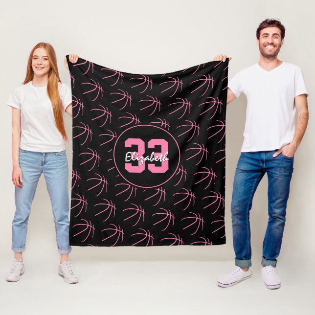 girly pink black basketballs pattern minimal fleece blanket (In Situ)