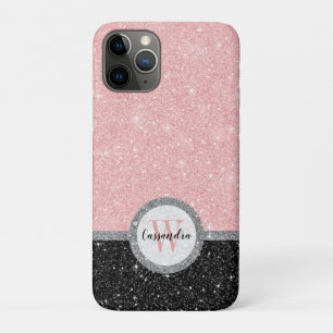 Girly Pink Black Glitter Monogram Name iPhone 11 Pro Case