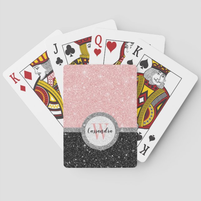 Girly Pink Black Glitter Monogram Name Playing Cards (Back)