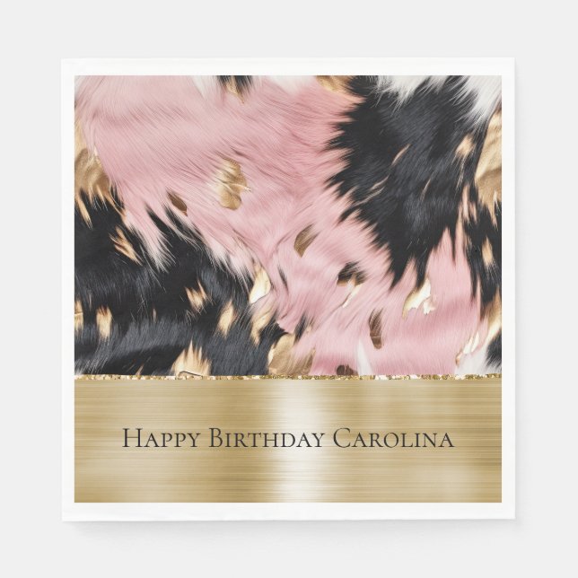 Girly Pink Black Gold Cowgirl Cowhide Napkin (Front)
