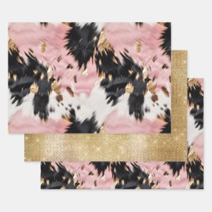 Girly Pink Black Gold Cowgirl Cowhide Wrapping Paper Sheet
