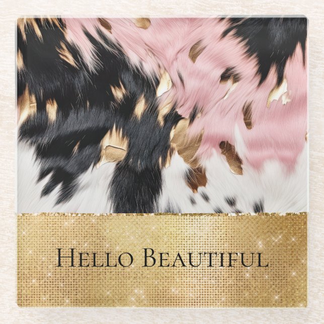 Girly Pink Black Gold Sparkle Cowgirl Cowhide  Glass Coaster (Front)