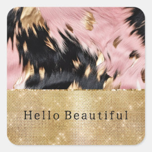Girly Pink Black Gold Sparkle Cowgirl Cowhide Square Sticker