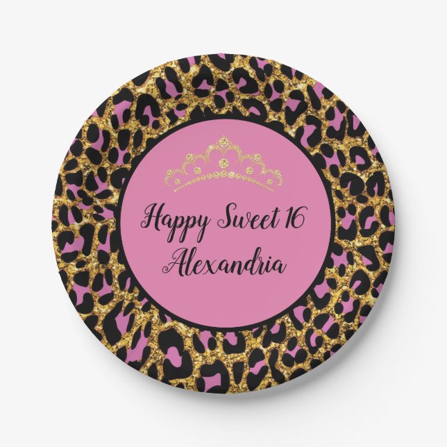 Girly Pink & Black Leopard Gold Glitter Paper Plate (Front)