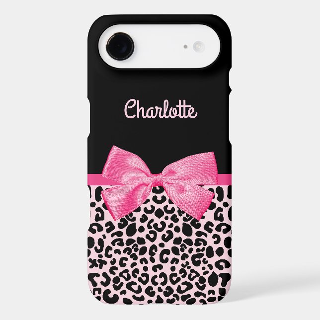 Girly Pink Black Leopard Print Cute Bow and Name Case-Mate iPhone Case (Back)