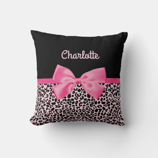 Girly Pink Black Leopard Print Cute Bow and Name Cushion (Front)
