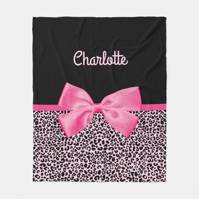 Girly Pink Black Leopard Print Cute Bow and Name Fleece Blanket (Front)