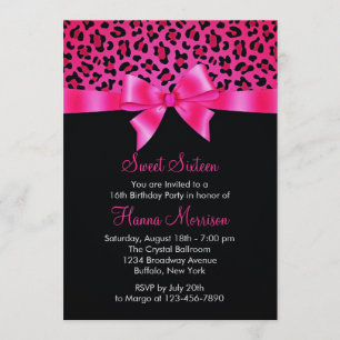 Girly Pink Black Leopard Print Elegant Sweet 16 Invitation